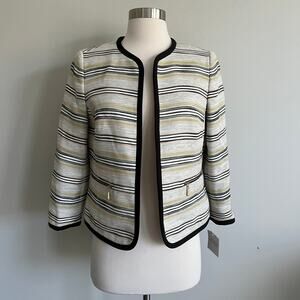 Kasper Open Blazer Jacket Zipper Detail Striped 3/4 Sleeve 4 Ivory Multi NWT